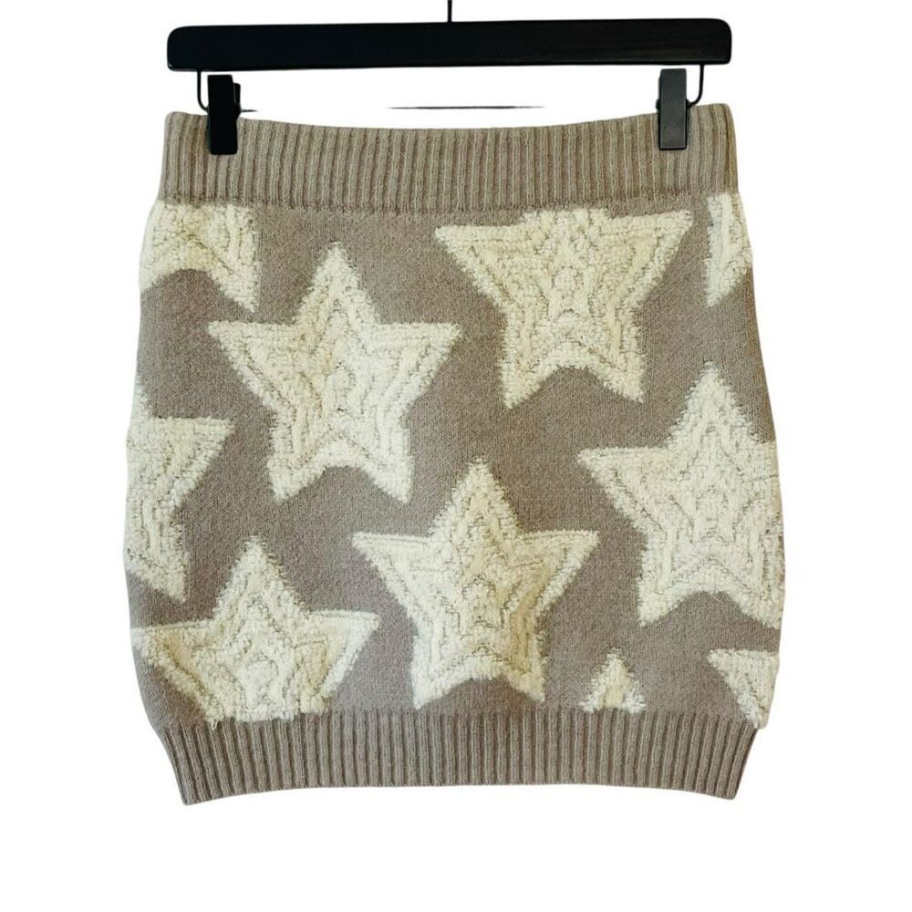 Bucket List Taupe Star Sweater Knit Bodycon Mini Skirt Size Medium